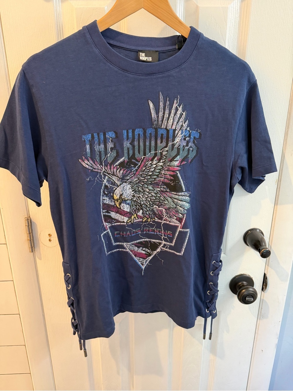 The KOOPLES Blue 100% Cotton T-Shirt w/ Lace-Up Detail on Side, Sz M, NWT